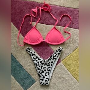 aerie Hot Pink Triangle Top Black White Leopard Cheekier Brazilian Bikini Set XS